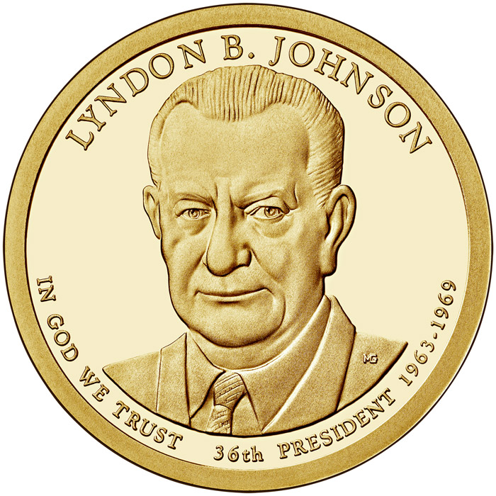 Image of 1 dollar coin - Lyndon B. Johnson (1963-1969) | USA 2015.  The Nordic gold (CuZnAl) coin is of Proof, BU, UNC quality.