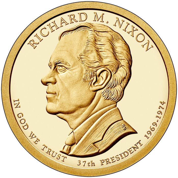 Image of 1 dollar coin - Richard M. Nixon (1969-1974) | USA 2016.  The Nordic gold (CuZnAl) coin is of Proof, BU, UNC quality.