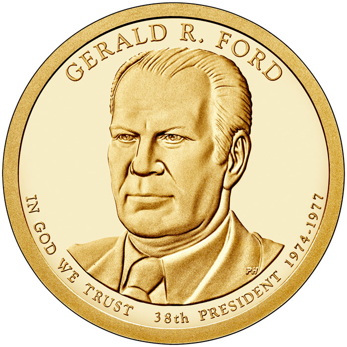 Image of 1 dollar coin - Gerald Ford (1974-1977) | USA 2016.  The Nordic gold (CuZnAl) coin is of Proof, BU, UNC quality.