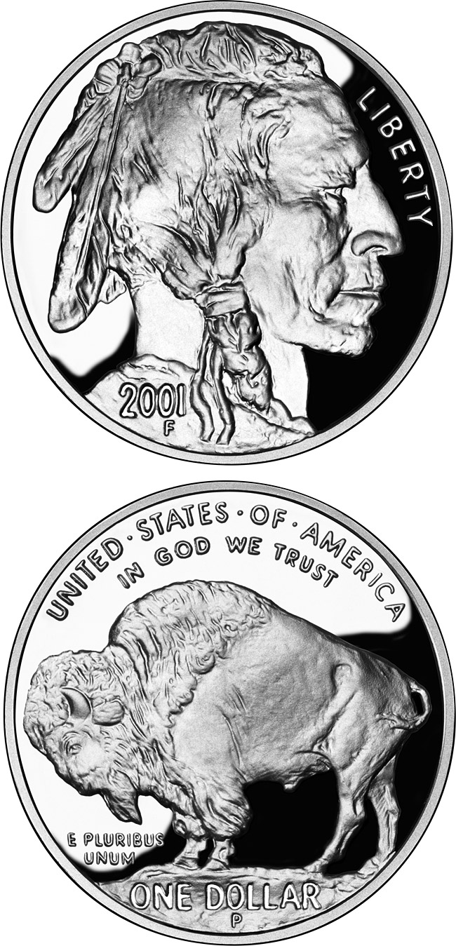 Image of 1 dollar coin - American Buffalo  | USA 2001.  The Silver coin is of Proof, BU quality.