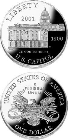Image of 1 dollar coin - U.S. Capitol Visitor Center  | USA 2001.  The Silver coin is of Proof, BU quality.