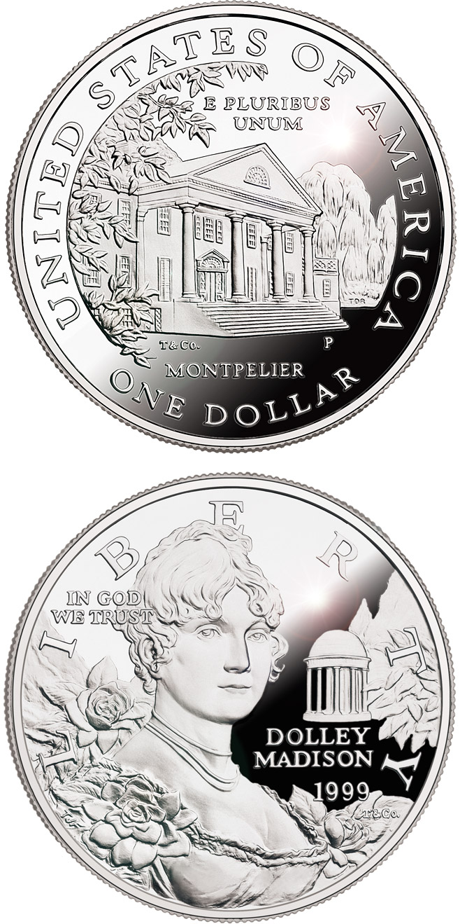 Image of 1 dollar coin - First Lady Dolley Madison  | USA 1999.  The Silver coin is of Proof, BU quality.