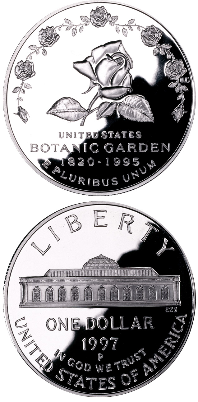Image of 1 dollar coin - Botanic Garden  | USA 1997.  The Silver coin is of Proof, BU quality.