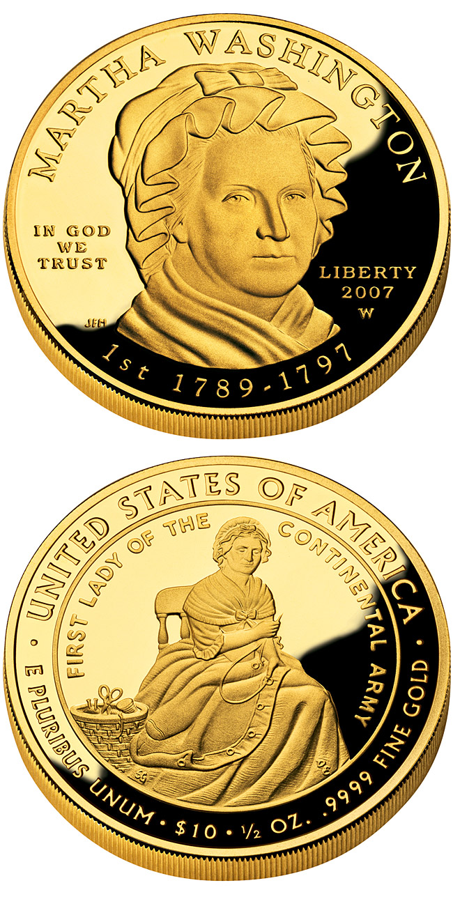 Image of 10 dollars coin - Martha Washington  | USA 2007.  The Gold coin is of Proof, BU quality.