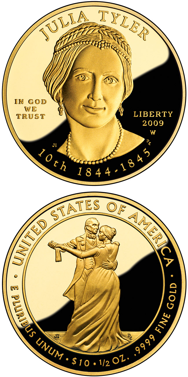Image of 10 dollars coin - Julia Tyler  | USA 2009.  The Gold coin is of Proof, BU quality.