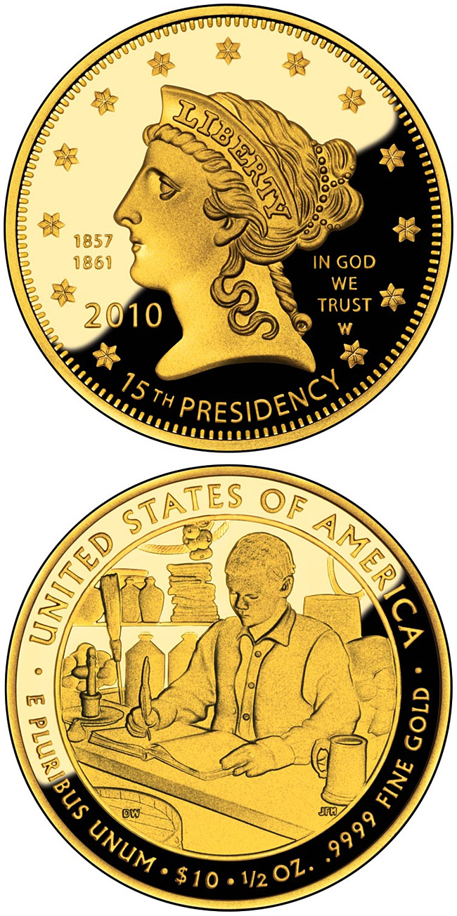 Image of 10 dollars coin - James Buchanan's Liberty  | USA 2010.  The Gold coin is of Proof, BU quality.