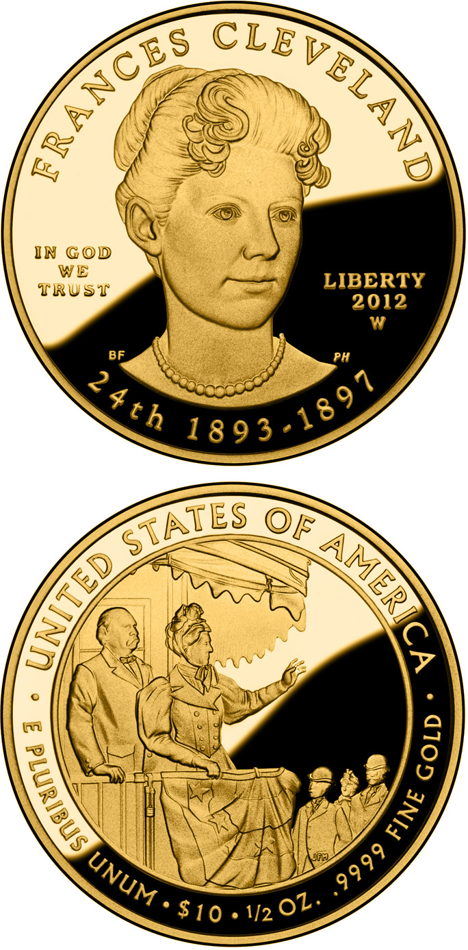 Image of 10 dollars coin - Frances Cleveland  | USA 2012.  The Gold coin is of Proof, BU quality.