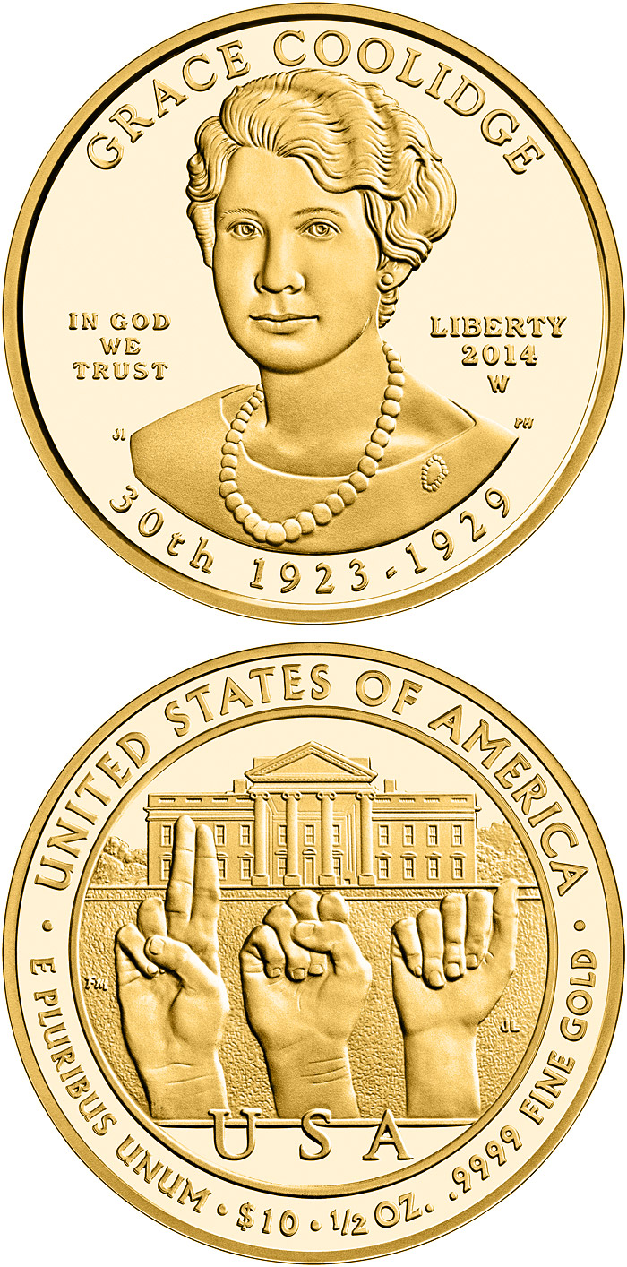 Image of 10 dollars coin - Grace Coolidge  | USA 2014.  The Gold coin is of Proof, BU quality.