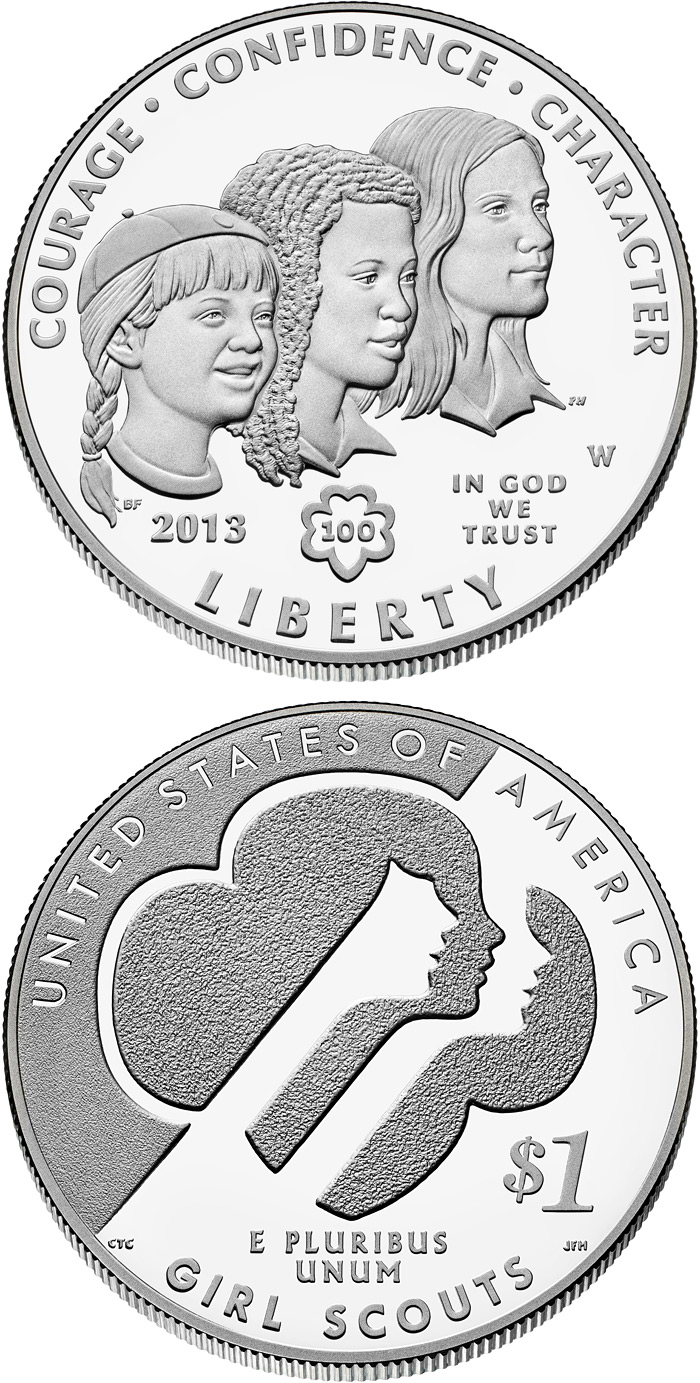 Image of 1 dollar coin - Girl Scouts of the USA | USA 2013.  The Silver coin is of Proof, BU quality.