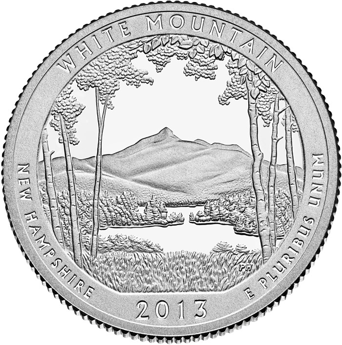 Image of 25 cents coin - White Mountain National Forest  | USA 2013.  The Copper–Nickel (CuNi) coin is of Proof, BU, UNC quality.