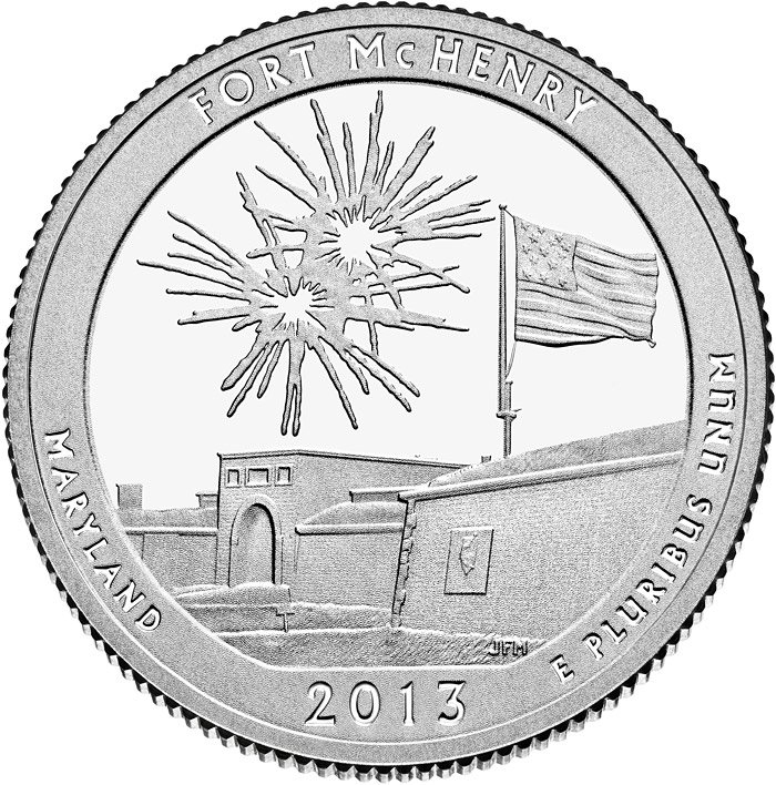 Image of 25 cents coin - Fort McHenry National Monument and Historic Shrine | USA 2013.  The Copper–Nickel (CuNi) coin is of Proof, BU, UNC quality.