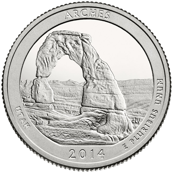 Image of 25 cents coin - Arches National Park  | USA 2014.  The Copper–Nickel (CuNi) coin is of Proof, BU, UNC quality.