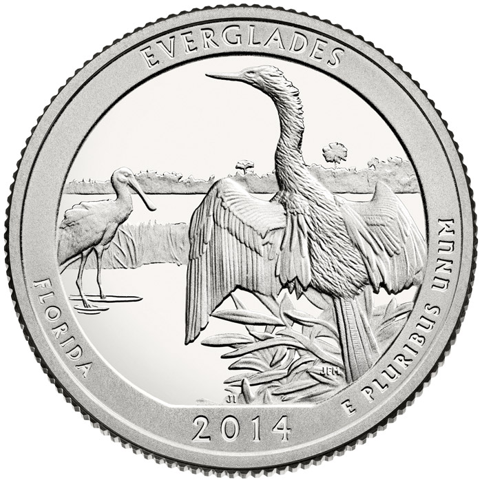 Image of 25 cents coin - Everglades National Park  | USA 2014.  The Copper–Nickel (CuNi) coin is of Proof, BU, UNC quality.