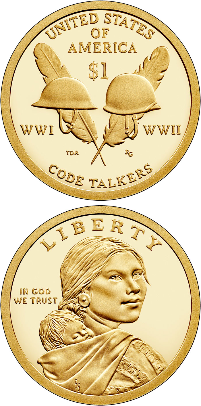 Image of 1 dollar coin - Code Talkers from both World War I and World War II (1917-1945) | USA 2016.  The Nordic gold (CuZnAl) coin is of Proof, UNC quality.