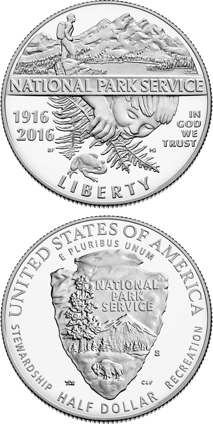Image of 0.5 dollar coin - National Park Service 100th Anniversary  | USA 2016.  The Copper–Nickel (CuNi) coin is of Proof, BU quality.