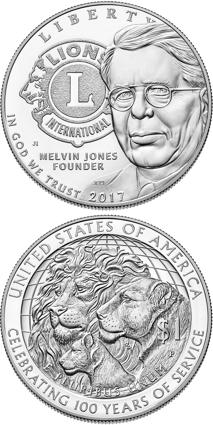 Image of 1 dollar coin - Lions Clubs International 2017 Centennial | USA 2017.  The Silver coin is of Proof, BU quality.