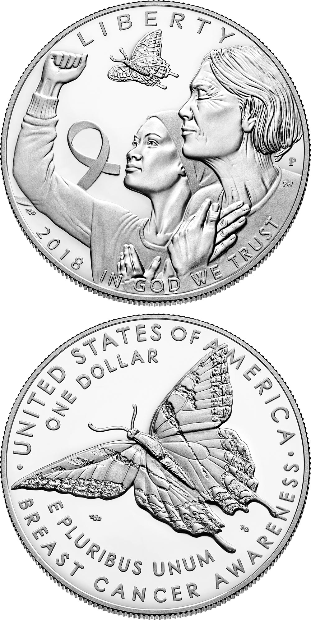 Image of 1 dollar coin - Breast Cancer Awareness 2018 | USA 2018.  The Silver coin is of Proof, BU quality.