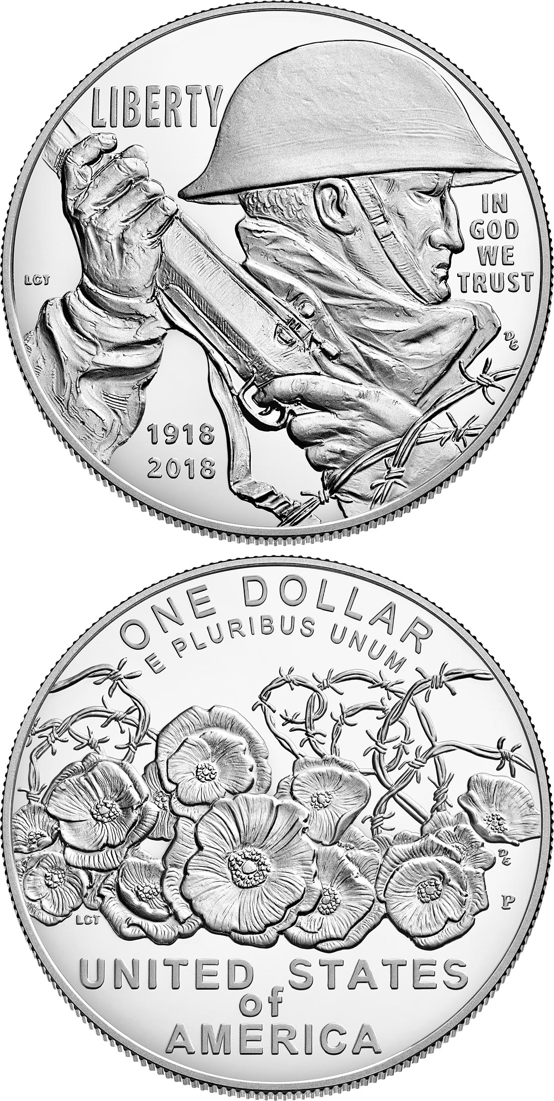 Image of 1 dollar coin - 2018 World War I Centennial | USA 2018.  The Silver coin is of Proof, BU quality.