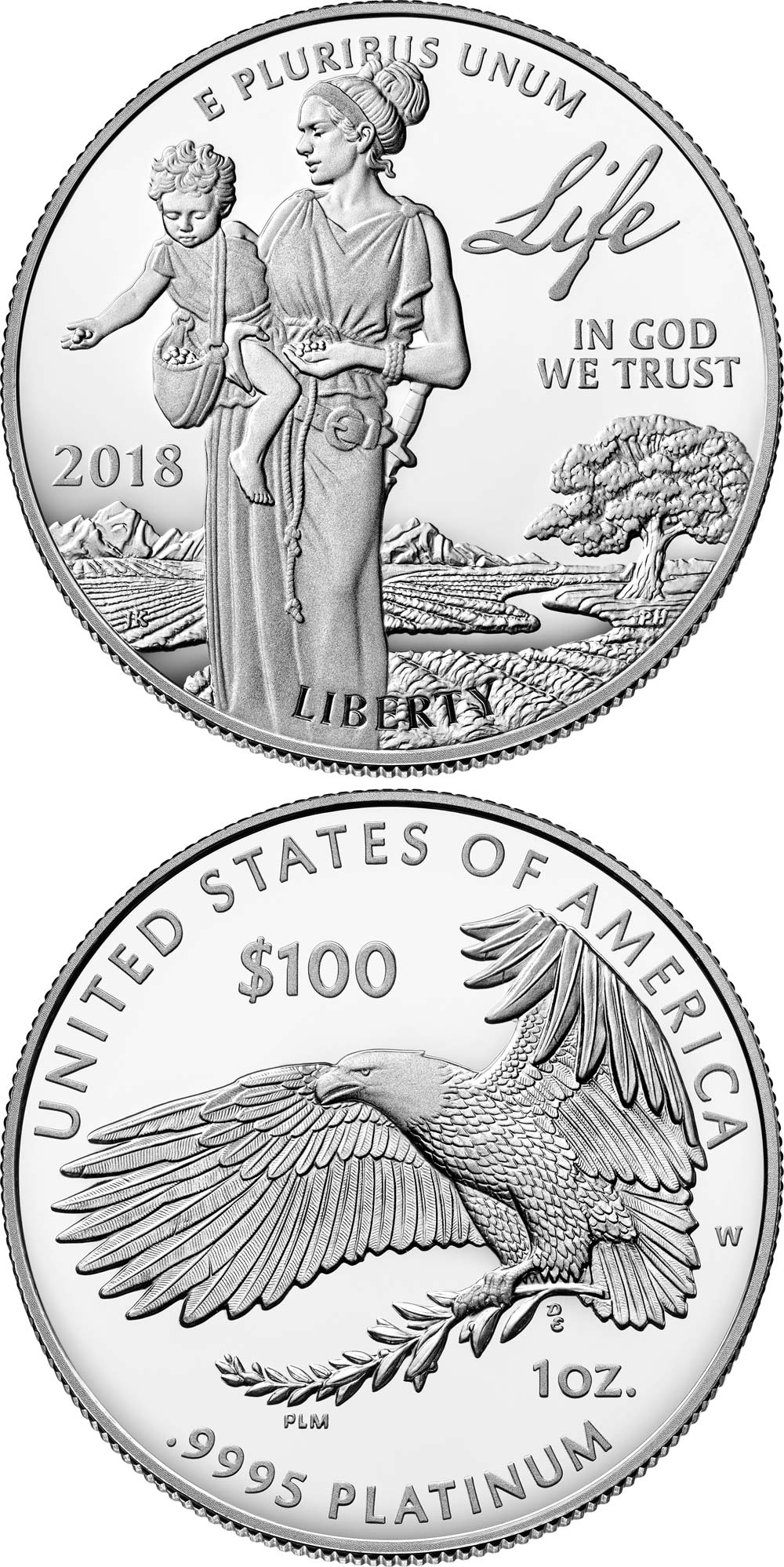 Image of 100 dollars coin - The Life | USA 2018.  The Platinum coin is of Proof quality.