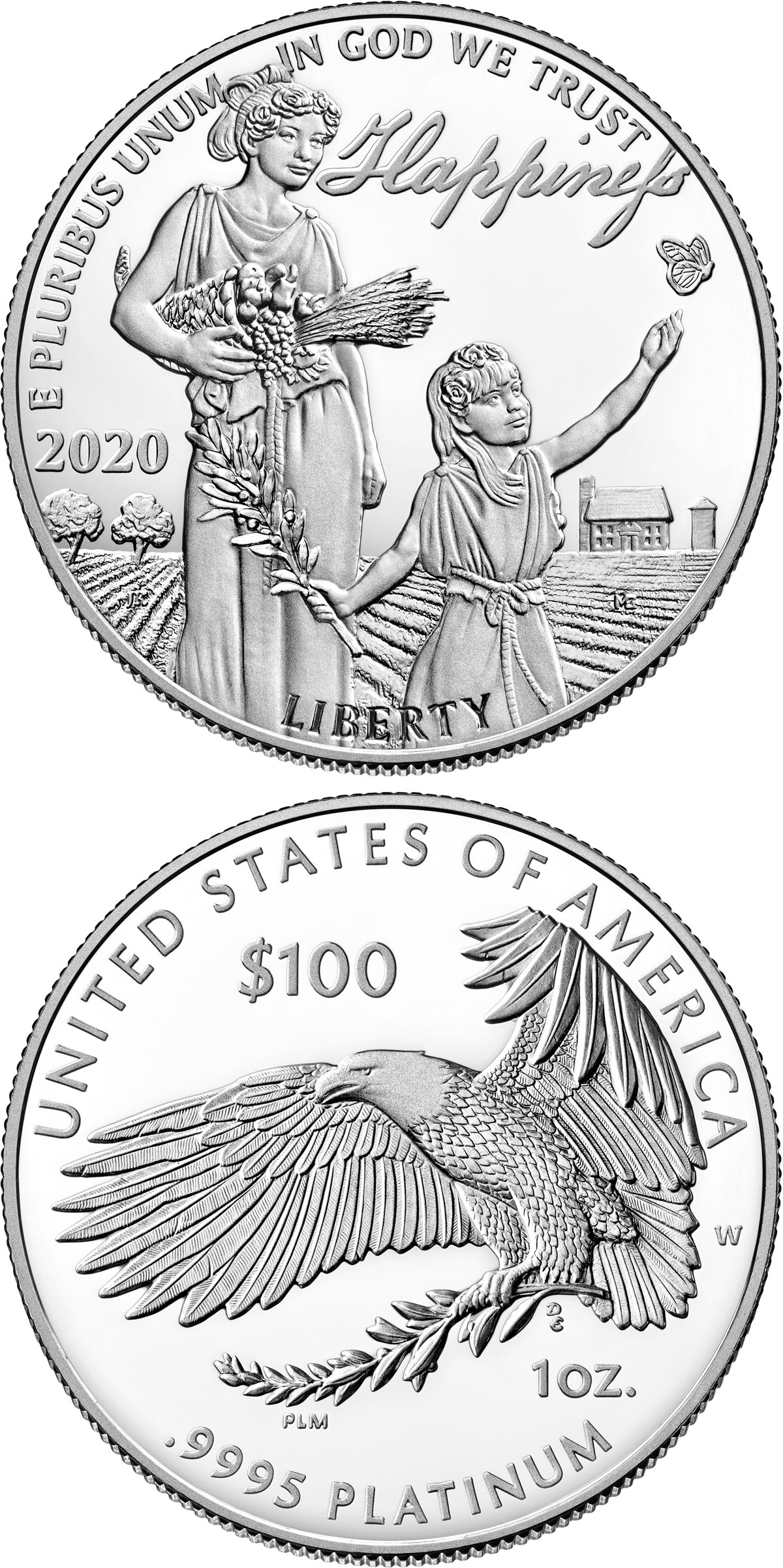 Image of 100 dollars coin - The Happiness | USA 2020.  The Platinum coin is of Proof quality.