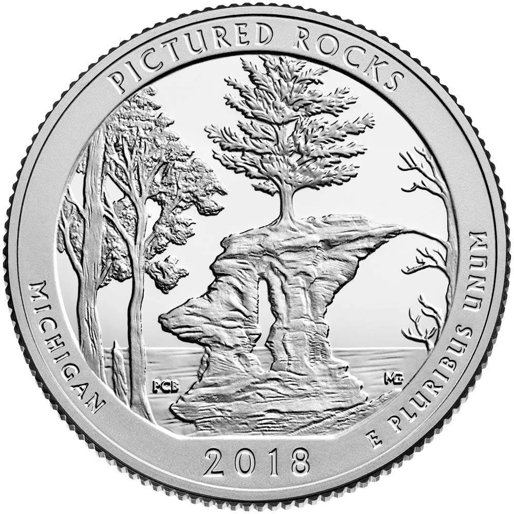 Image of 25 cents coin - Pictured Rocks National Lakeshore | USA 2018.  The Copper–Nickel (CuNi) coin is of Proof, BU, UNC quality.