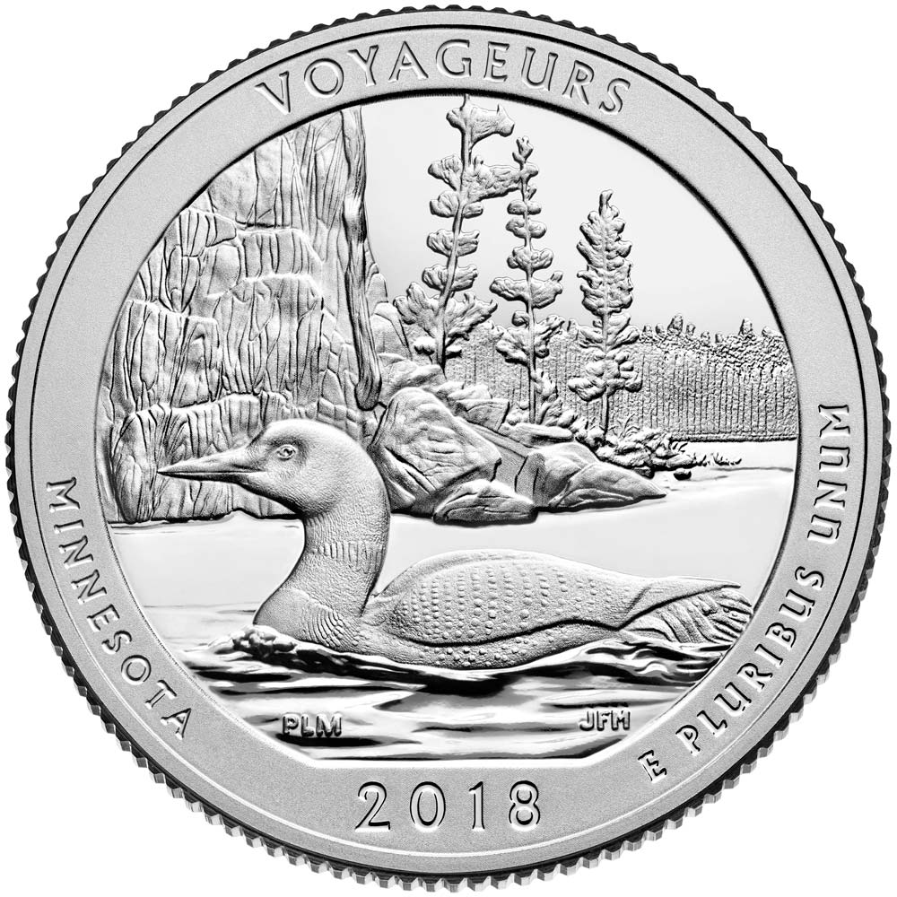 Image of 25 cents coin - Voyageurs National Park | USA 2018.  The Copper–Nickel (CuNi) coin is of Proof, BU, UNC quality.