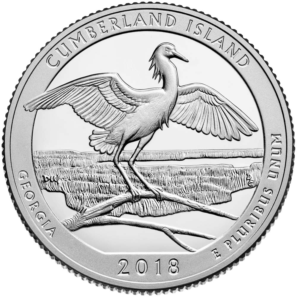 Image of 25 cents coin - Cumberland Island National Seashore | USA 2018.  The Copper–Nickel (CuNi) coin is of Proof, BU, UNC quality.