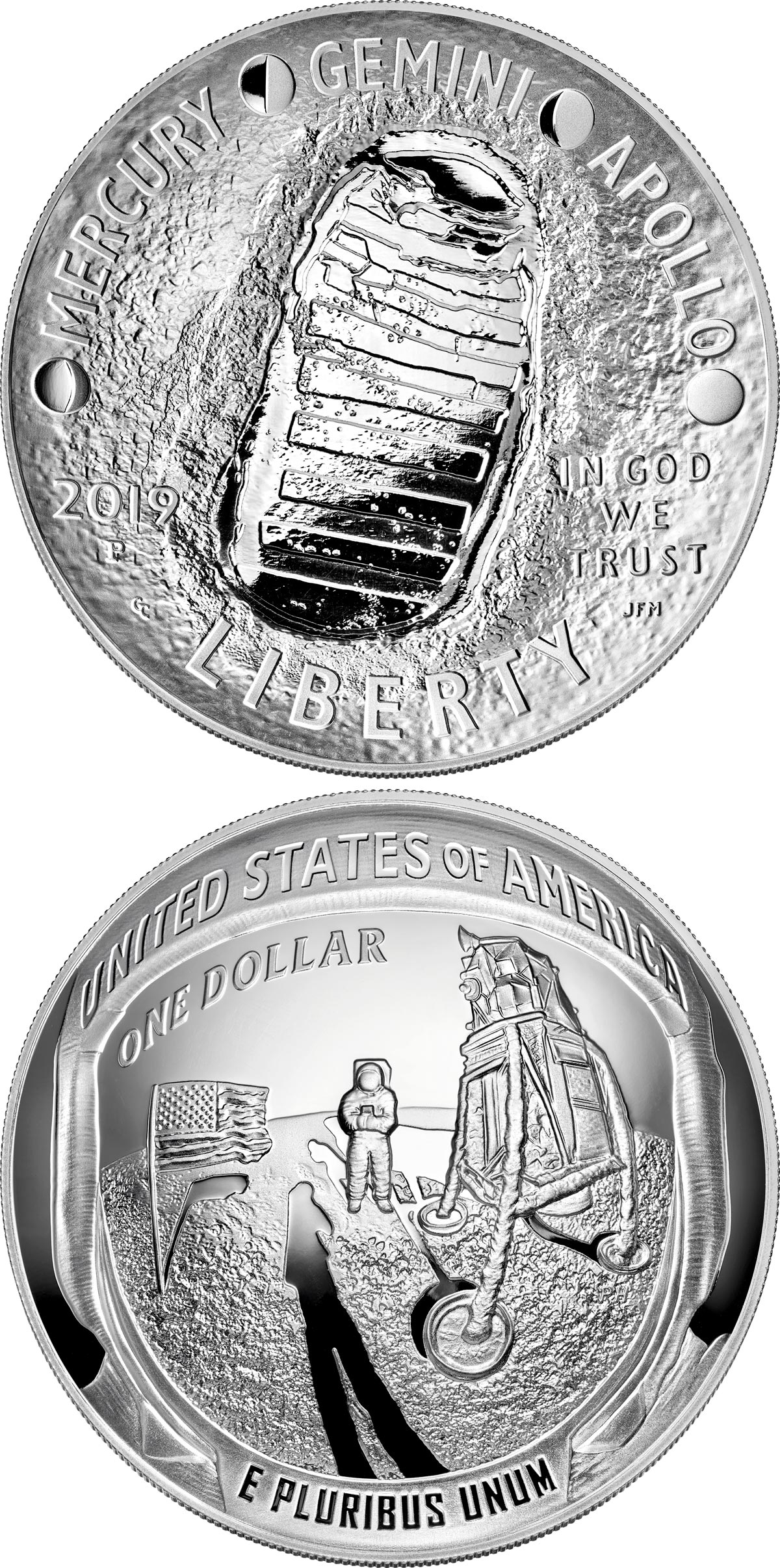 Image of 1 dollar coin - Apollo 11 50th Anniversary | USA 2019.  The Silver coin is of Proof, BU quality.