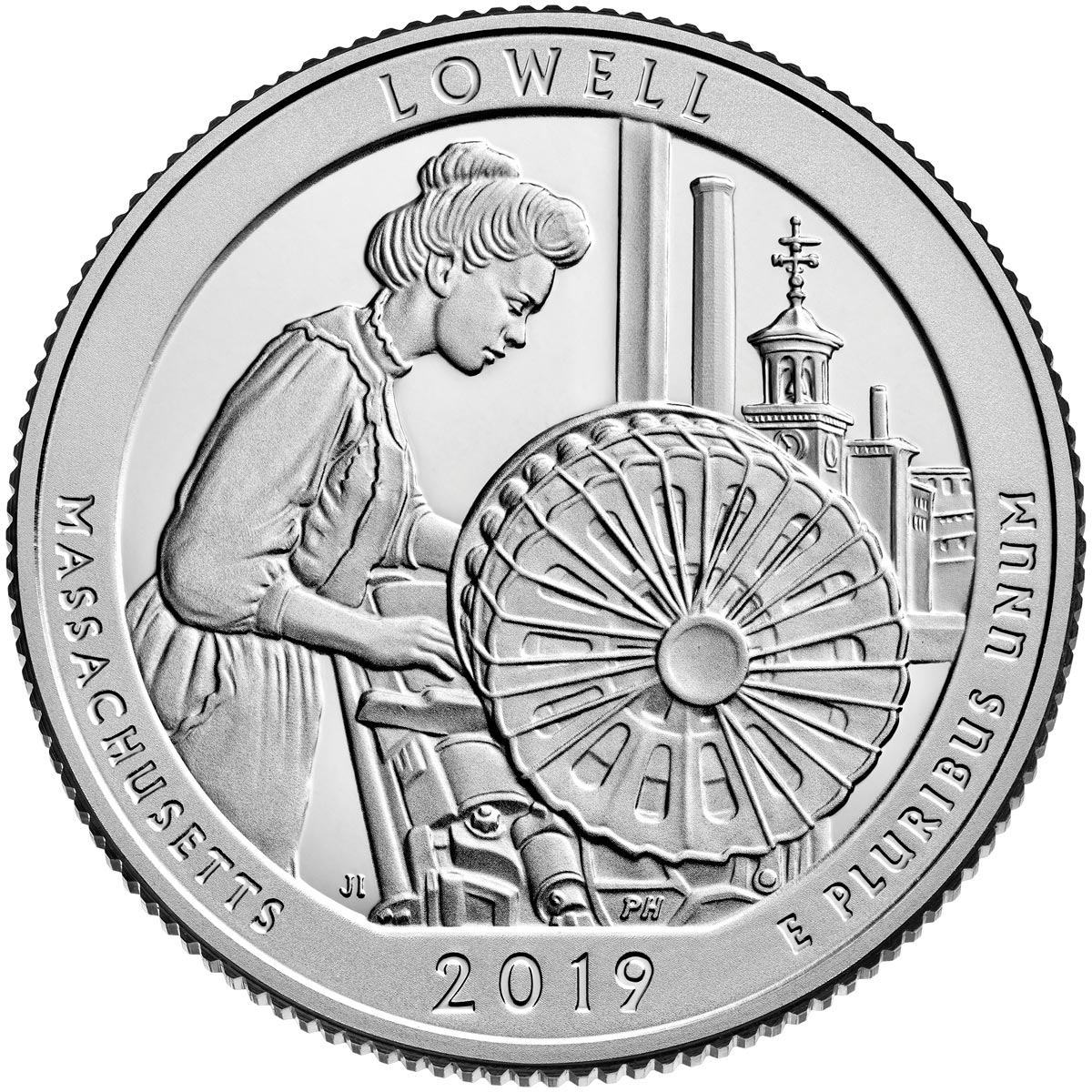 Image of 25 cents coin - Lowell National Historical Park | USA 2019.  The Copper–Nickel (CuNi) coin is of Proof, BU, UNC quality.