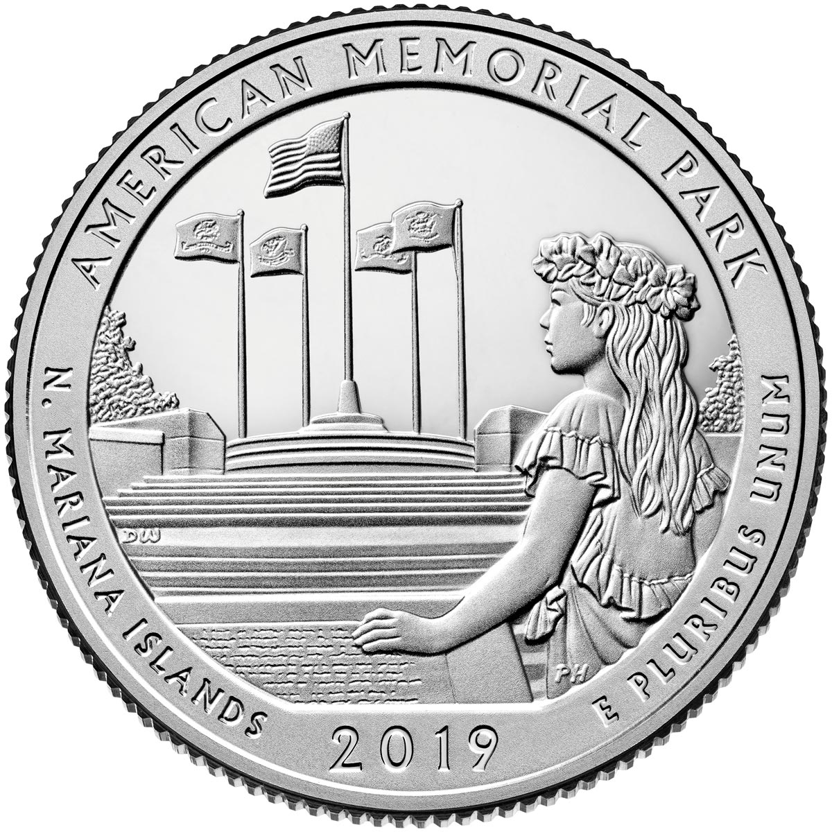 Image of 25 cents coin - American Memorial Park | USA 2019.  The Copper–Nickel (CuNi) coin is of Proof, BU, UNC quality.
