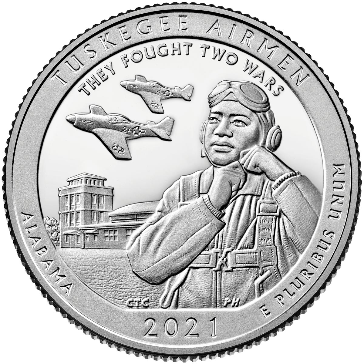 Image of 25 cents coin - Tuskegee Airmen National Historic Site | USA 2021.  The Copper–Nickel (CuNi) coin is of Proof, BU, UNC quality.