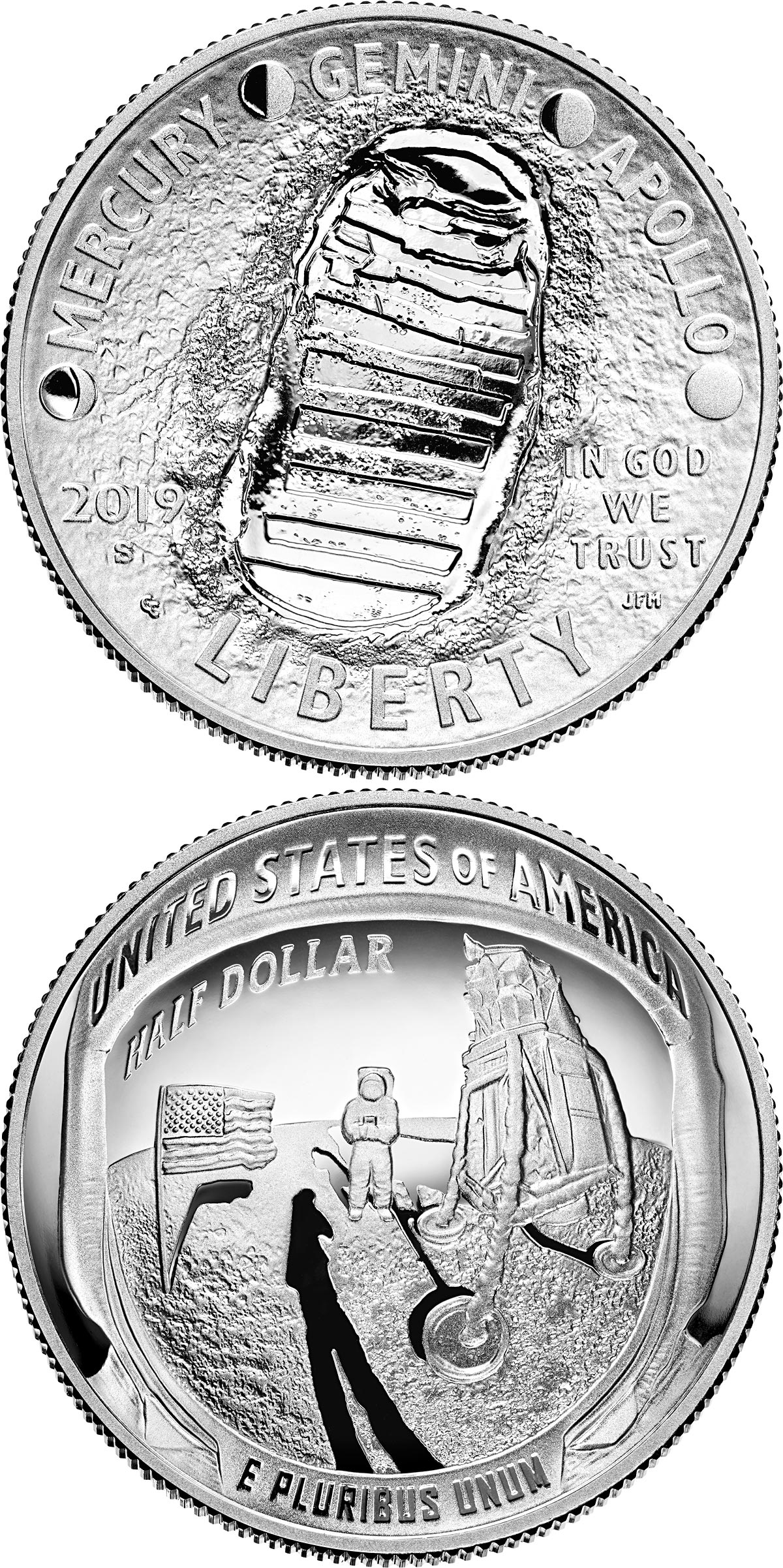 Image of 0.5 dollar coin - Apollo 11 50th Anniversary | USA 2019.  The Copper–Nickel (CuNi) coin is of Proof, BU quality.