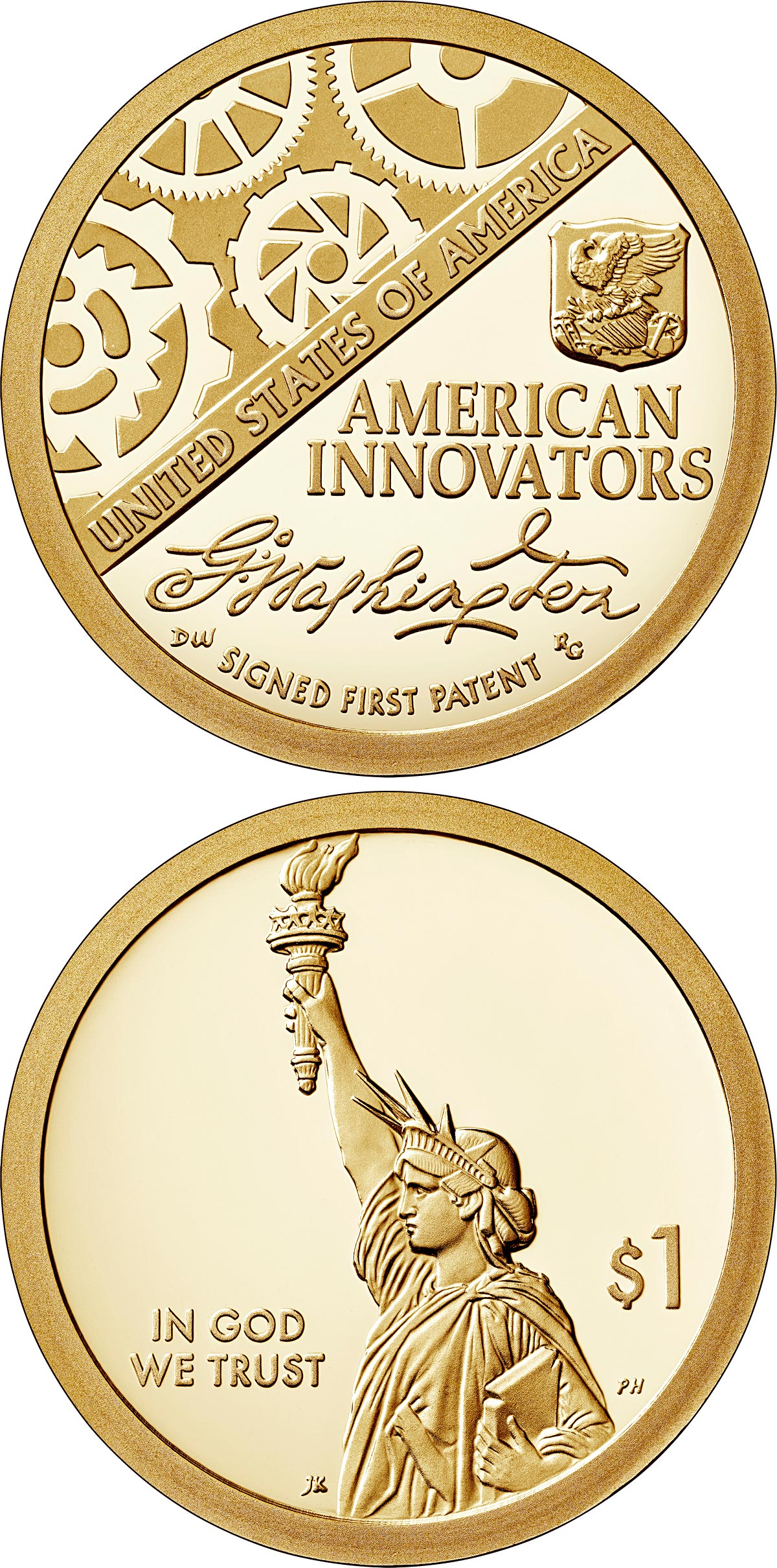 Image of 1 dollar coin - American Innovators - Introductory Coin | USA 2018.  The Nordic gold (CuZnAl) coin is of Proof, BU, UNC quality.