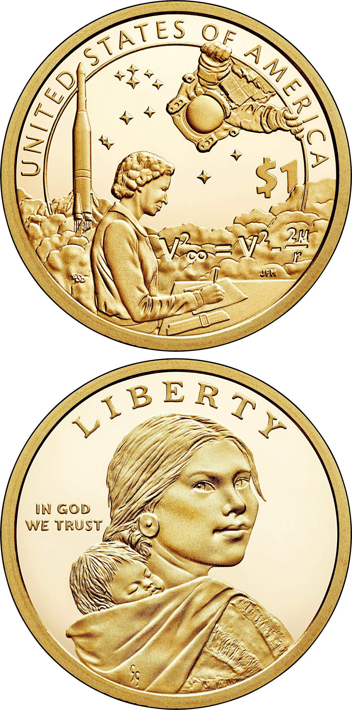 Image of 1 dollar coin - American Indians in the Space Program | USA 2019.  The Nordic gold (CuZnAl) coin is of Proof, UNC quality.