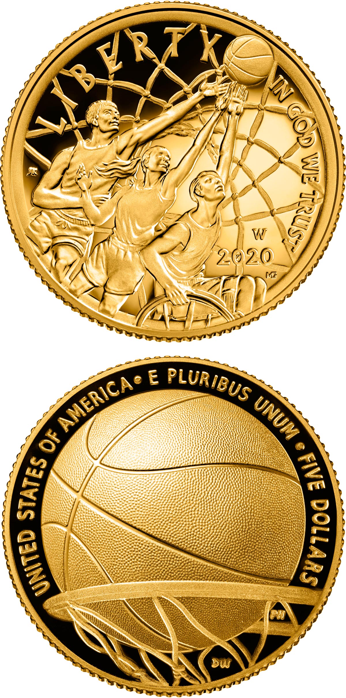 Image of 5 dollars coin - Basketball Hall of Fame | USA 2020.  The Gold coin is of Proof, BU quality.