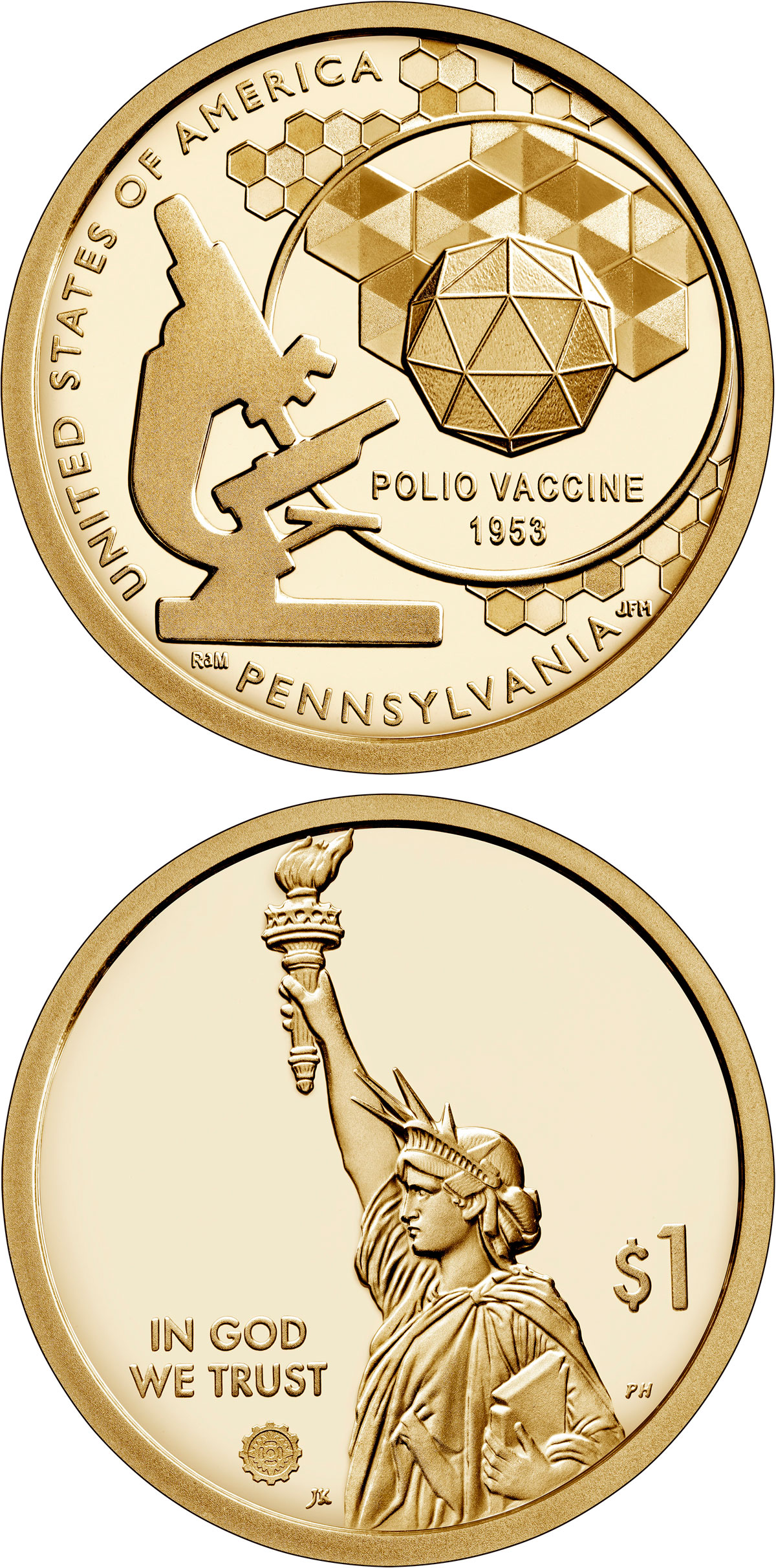 Image of 1 dollar coin - Pennsylvania - The creation of a vaccine to prevent polio | USA 2019.  The Nordic gold (CuZnAl) coin is of Proof, BU, UNC quality.