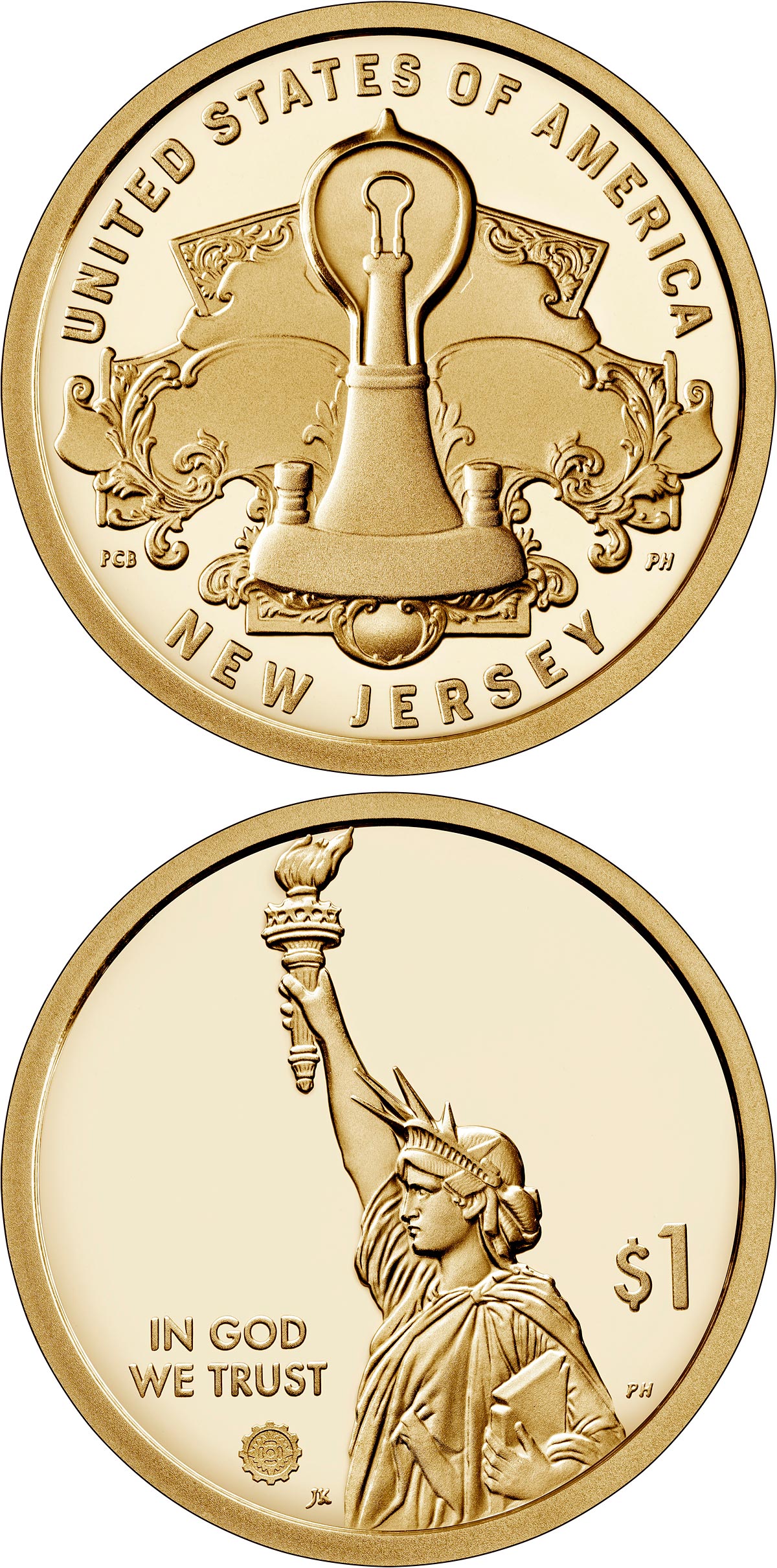 Image of 1 dollar coin - New Jersey - The Development of a Lightbulb | USA 2019.  The Nordic gold (CuZnAl) coin is of Proof, BU, UNC quality.