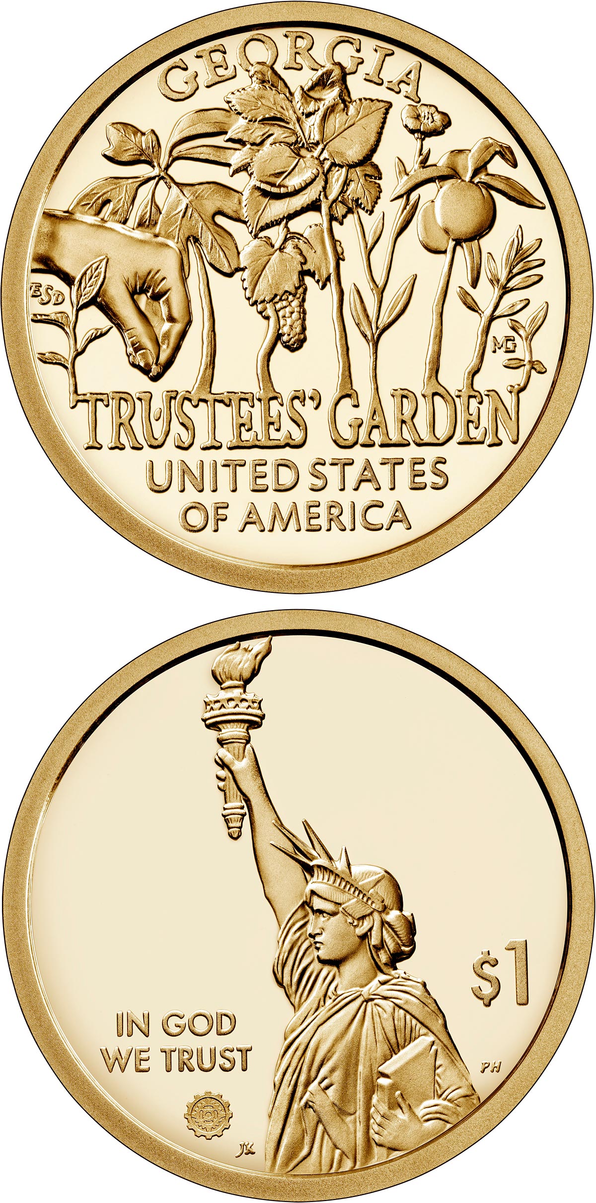 Image of 1 dollar coin - Georgia - The First Agricultural Experimental Garden in America | USA 2019.  The Nordic gold (CuZnAl) coin is of Proof, BU, UNC quality.
