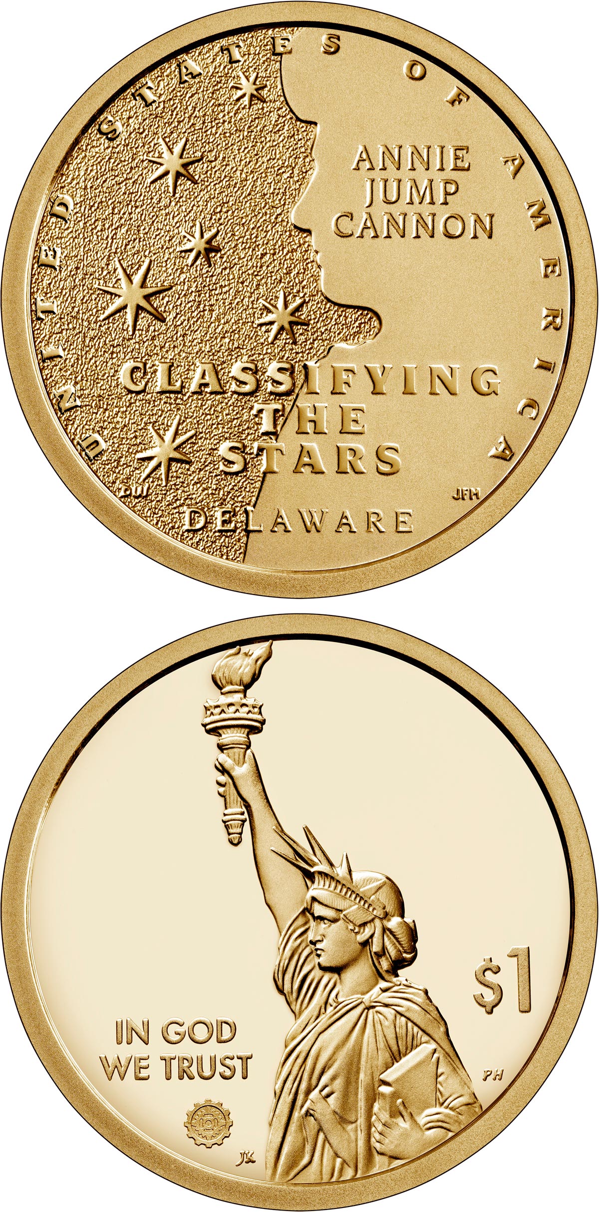 Image of 1 dollar coin - Delaware -  The System for Slassifying the Stars - Annie Jump Cannon  | USA 2019.  The Nordic gold (CuZnAl) coin is of Proof, BU, UNC quality.