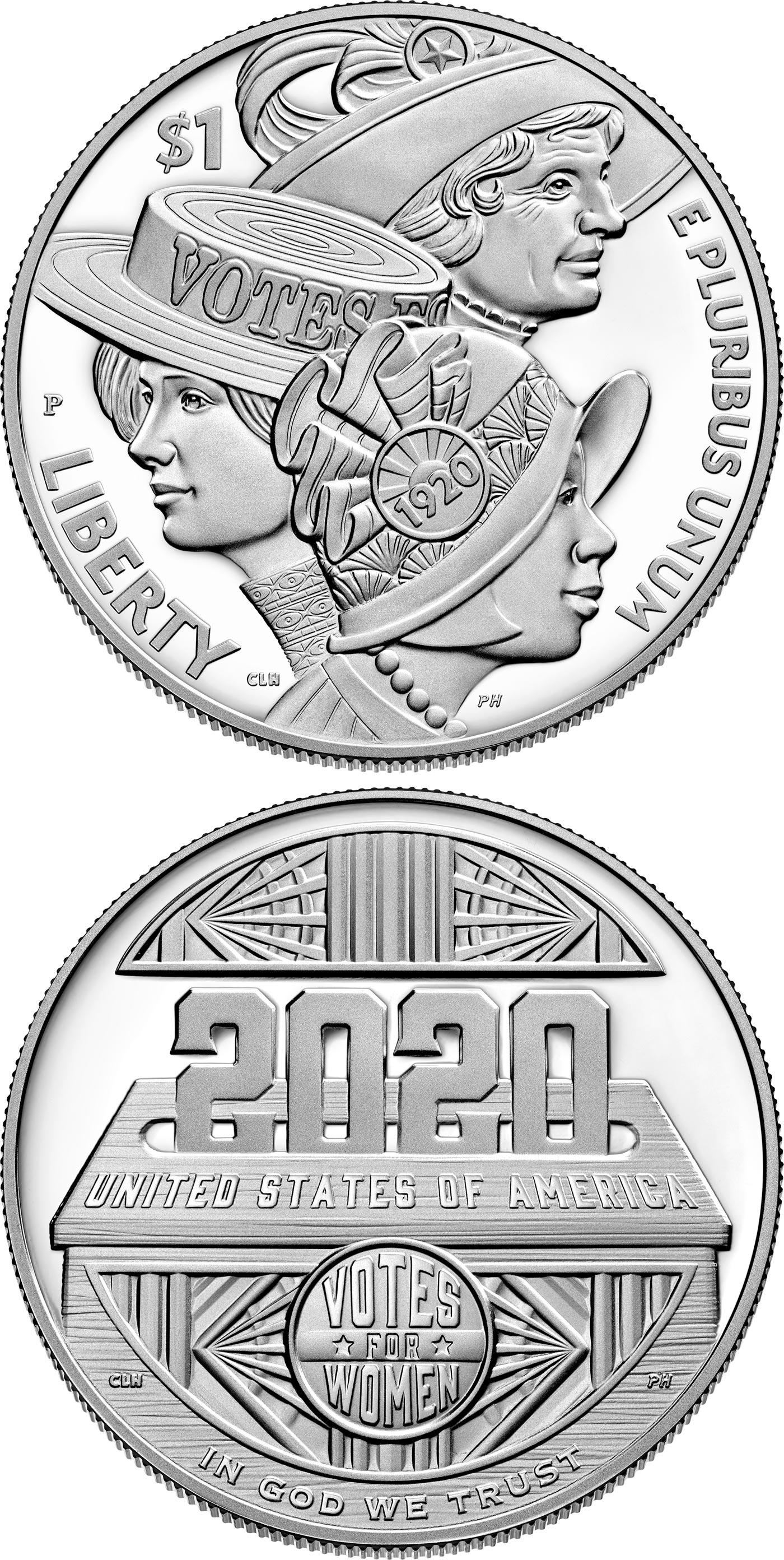Image of 1 dollar coin - The Fight for Women’s Suffrage | USA 2020.  The Silver coin is of Proof, BU quality.