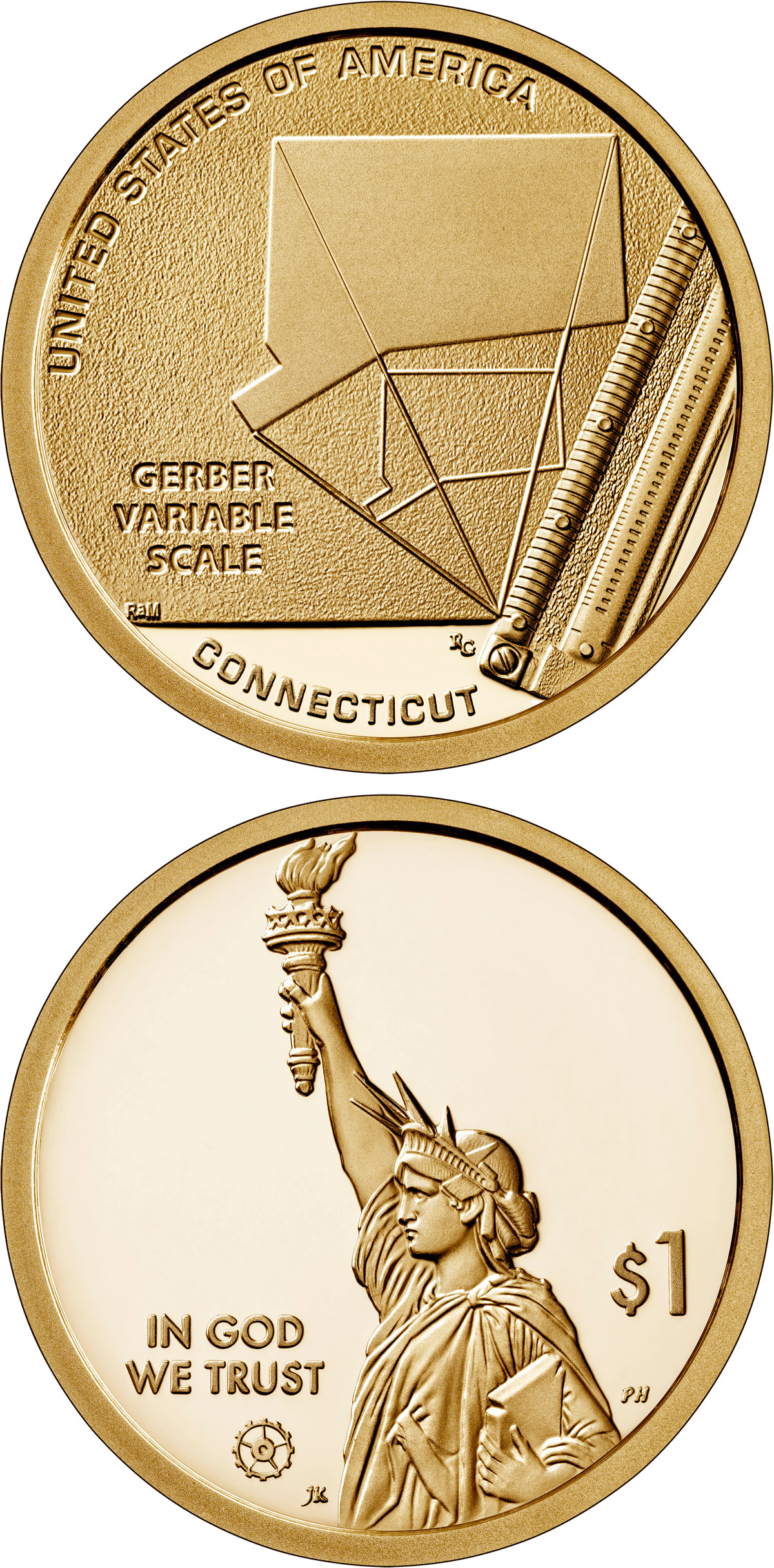 Image of 1 dollar coin - Connecticut - Gerber Variable Scale | USA 2020.  The Nordic gold (CuZnAl) coin is of Proof, BU, UNC quality.