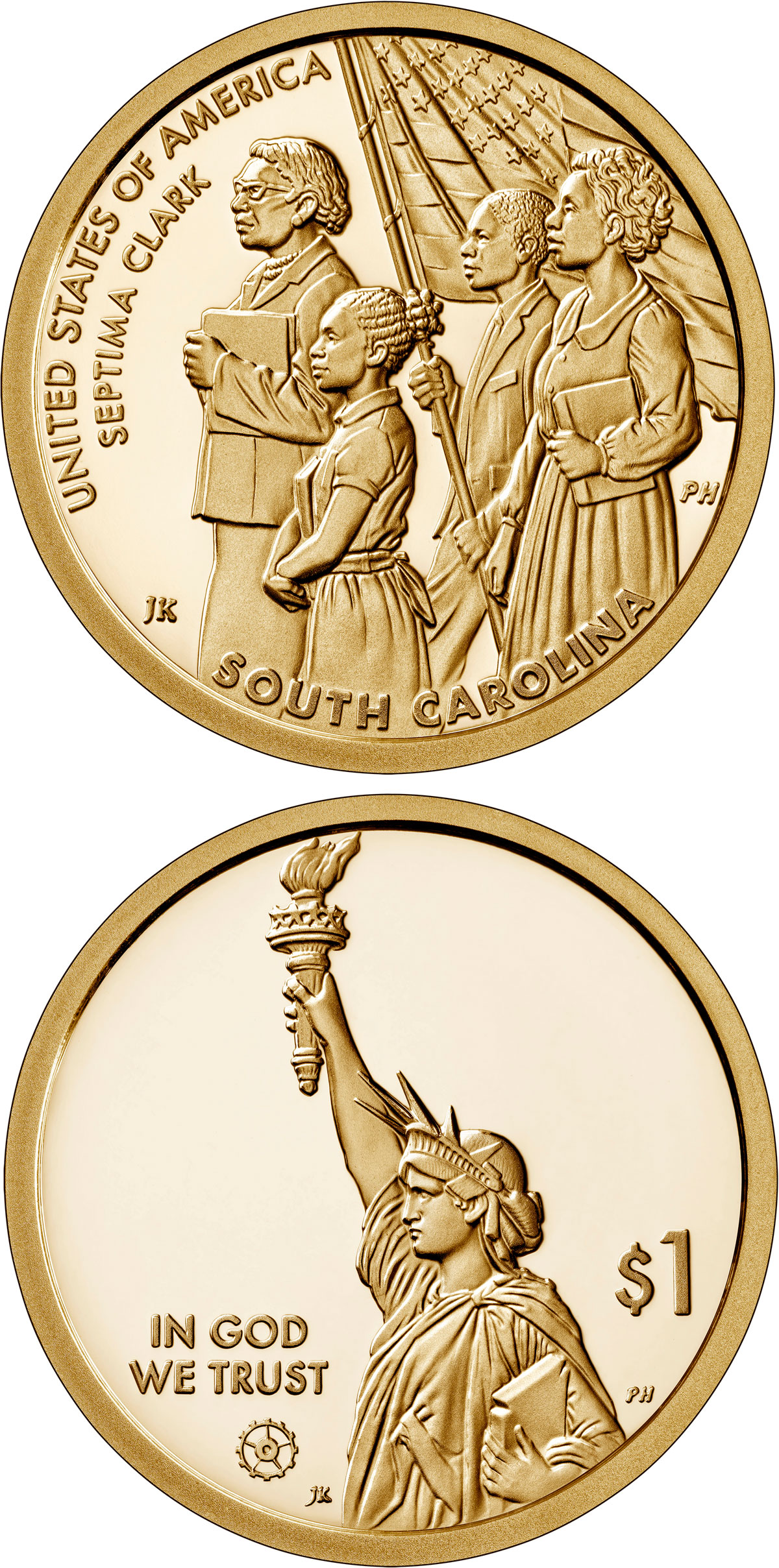 Image of 1 dollar coin - South Carolina - Septima Poinsette Clark | USA 2020.  The Nordic gold (CuZnAl) coin is of Proof, BU, UNC quality.