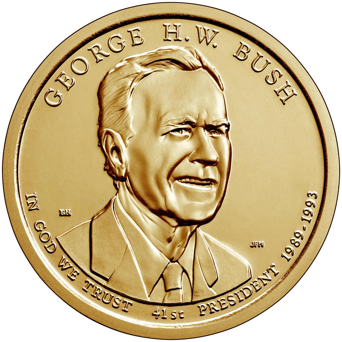 Image of 1 dollar coin - George H.W. Bush | USA 2020.  The Nordic gold (CuZnAl) coin is of Proof, BU, UNC quality.