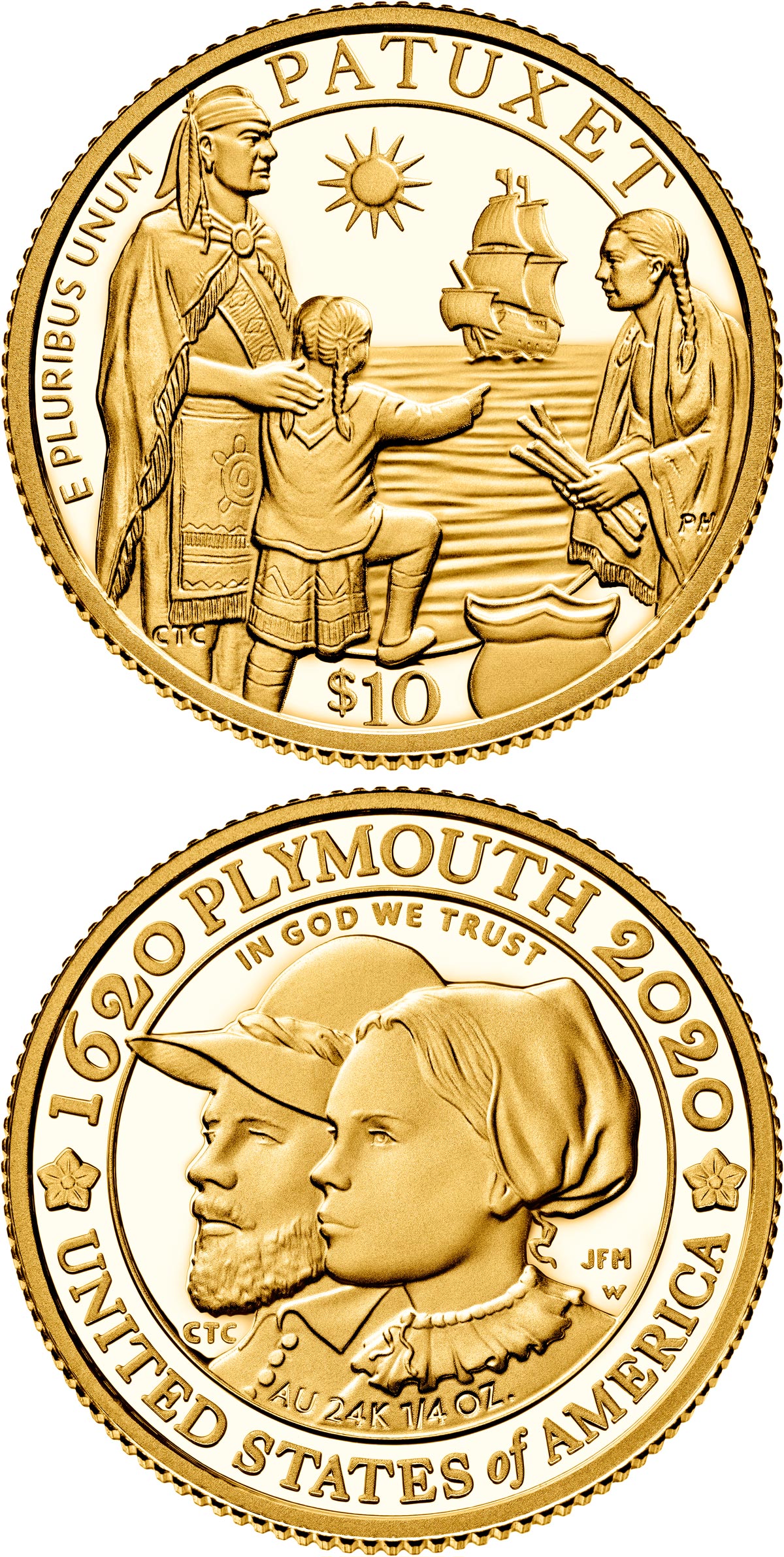 Image of 10 dollars coin - 400 Years Since the Voyage of the Mayflower | USA 2020.  The Gold coin is of Proof quality.
