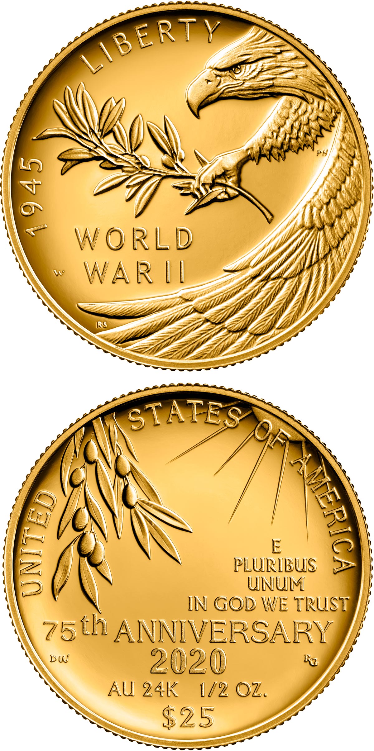 Image of 25 dollars coin - End of World War II 75th Anniversary | USA 2020.  The Gold coin is of Proof quality.