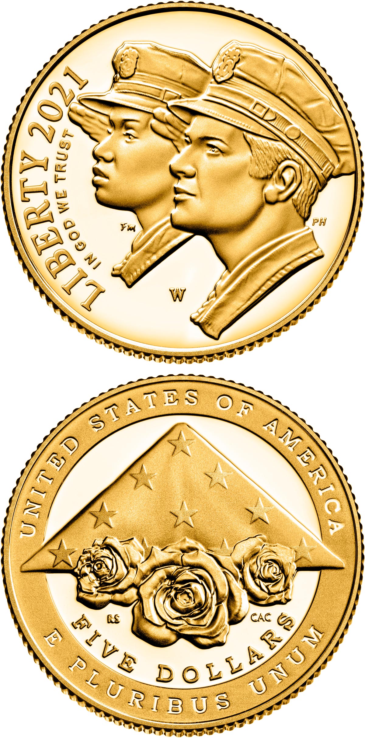 Image of 5 dollars coin - National Law Enforcement Memorial and Museum | USA 2021.  The Gold coin is of Proof, BU quality.