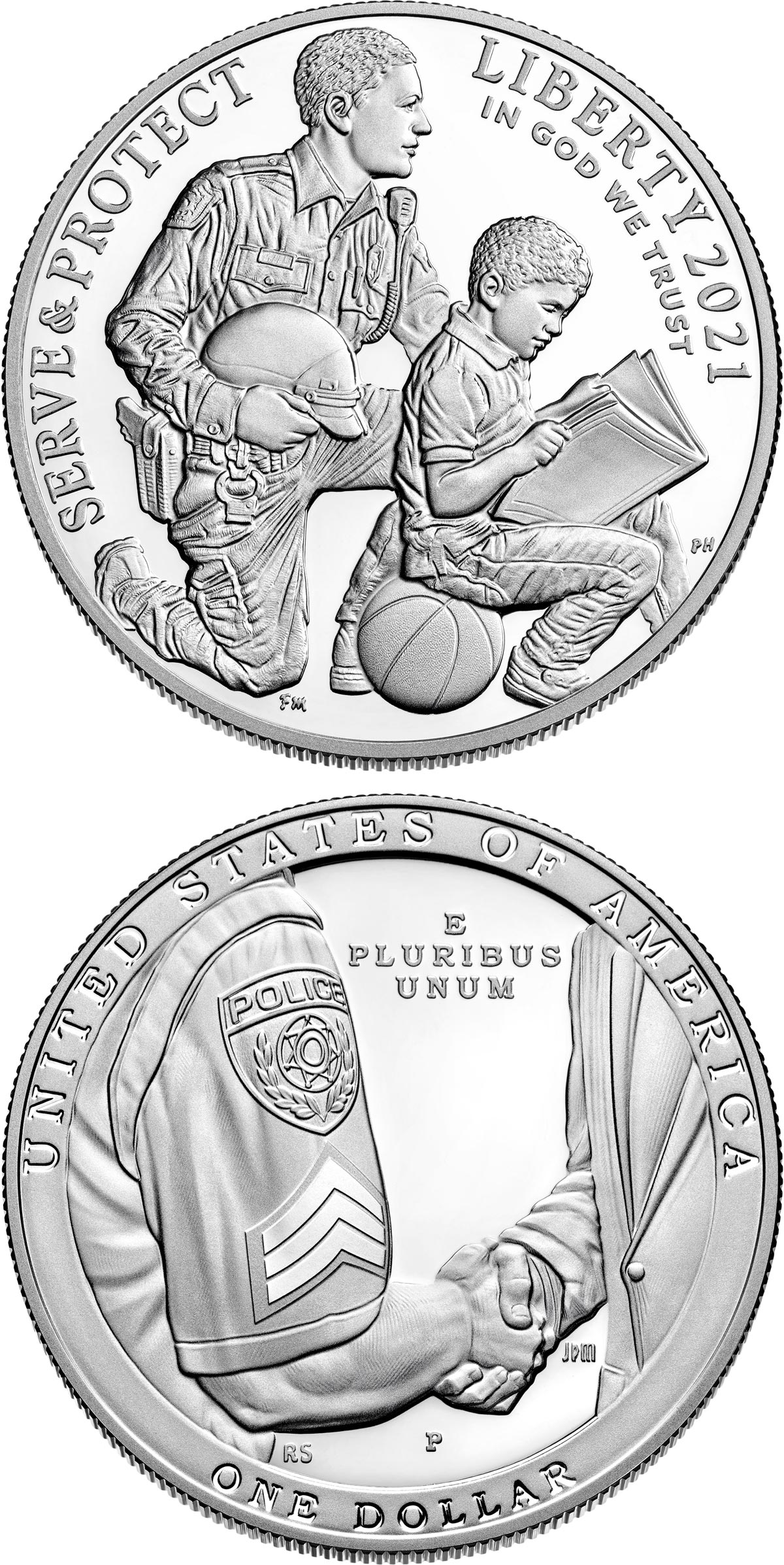 Image of 1 dollar coin - National Law Enforcement Memorial and Museum | USA 2021.  The Silver coin is of Proof, BU quality.