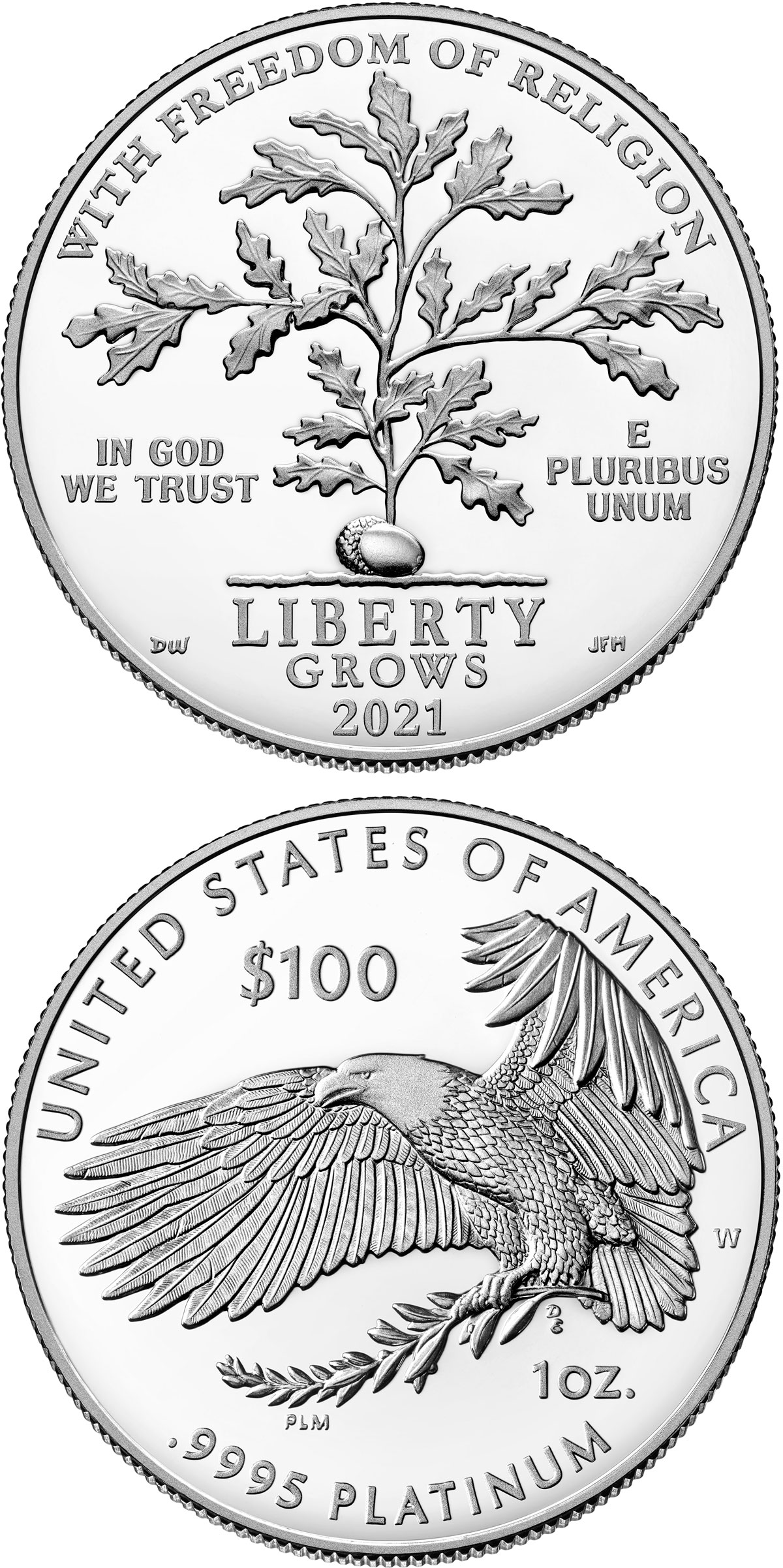 Image of 100 dollars coin - Freedom of Religion | USA 2021.  The Platinum coin is of Proof quality.