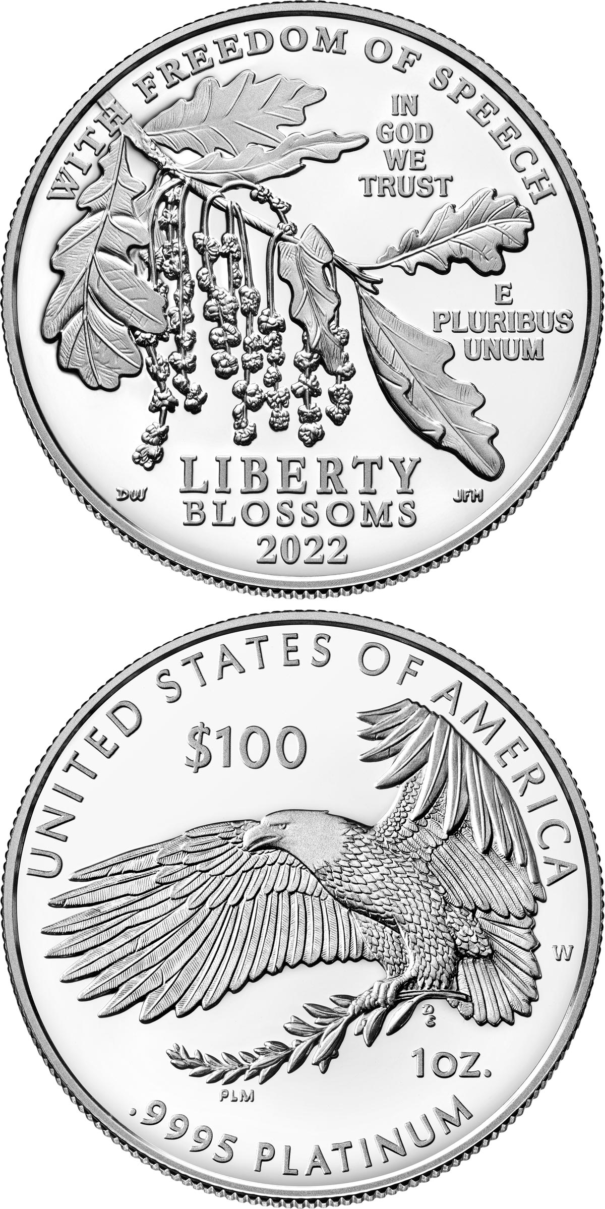 Image of 100 dollars coin - Freedom of Speech | USA 2022.  The Platinum coin is of Proof quality.