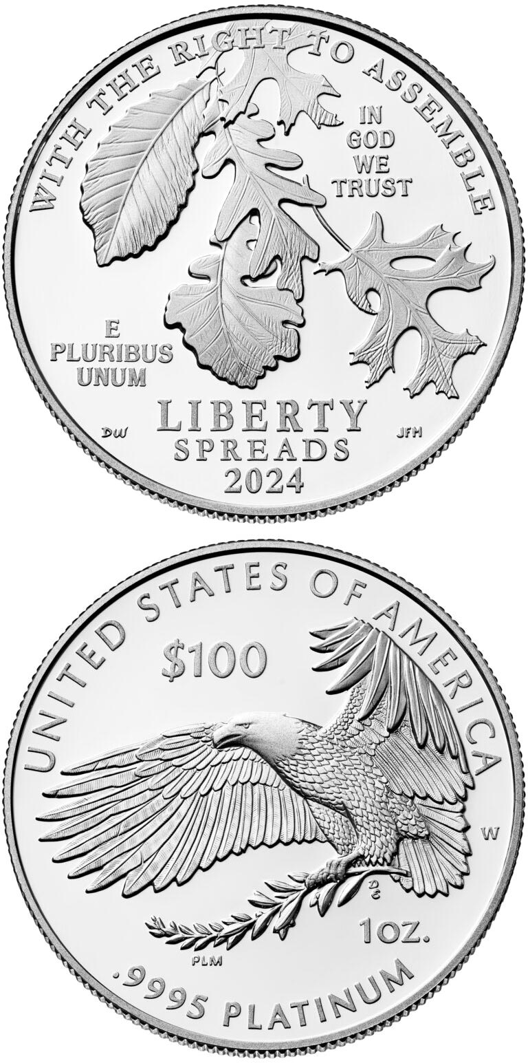 Image of 100 dollars coin - Right to Assemble | USA 2024.  The Platinum coin is of Proof quality.